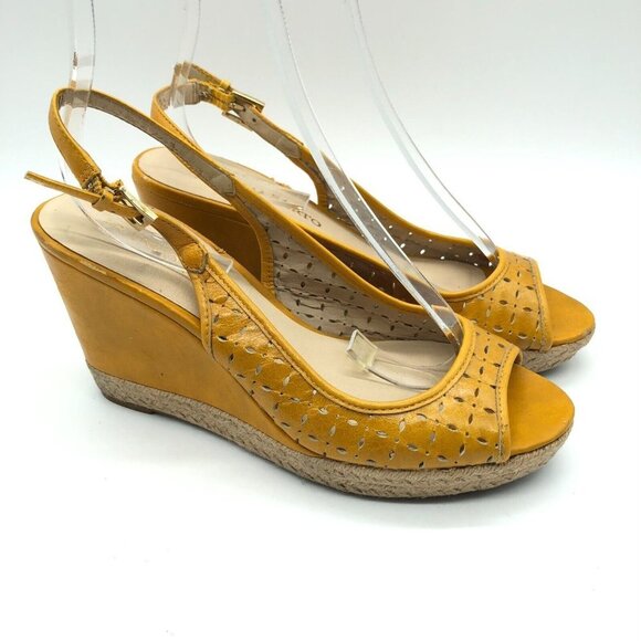 Franco Sarto Shoes - Franco Sarto Womens Wedge Sandals Leather Laser Cut Slingback Yellow Size 8